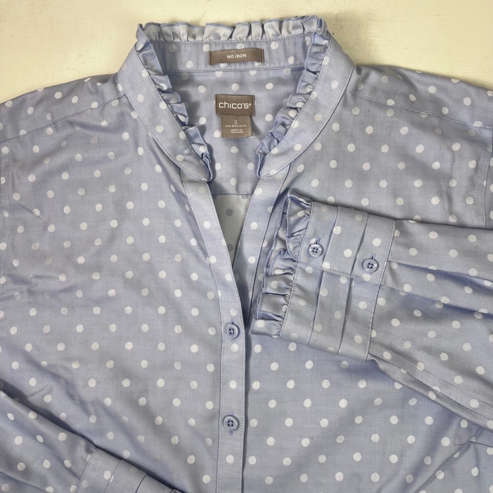 Chico's Button Down Blouse Polka Dot Ruffle Trim 12 Lavender‎ No Iron Career Top